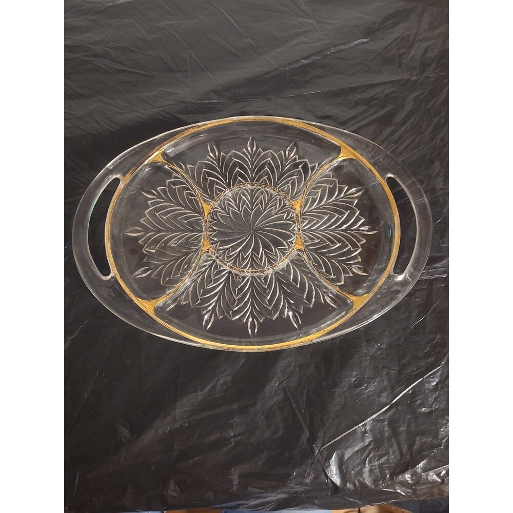 Unmarked Pressed Glass Oval Serving Tray w/ Handles, Clear Gold Trim Floral